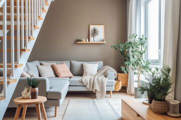 Small cozy living room with staircase, scandinavian interior design, beautiful living space