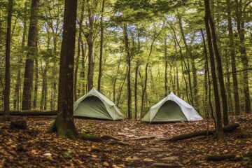 Tents in the middle of woods in daytime, camping in nature, adventurous living, in touch with nature