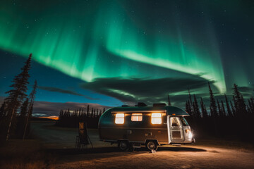 Camper parked under beautiful green northern lights at night, beautiful Aurora - Powered by Adobe