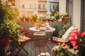 Small bright apartment terrace with flowers decorations in the middle of summer, cozy balcony