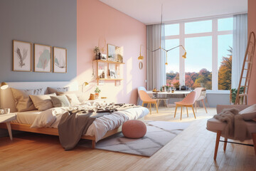 Small cozy living room in pastel colors, scandinavian interior design, beautiful living space