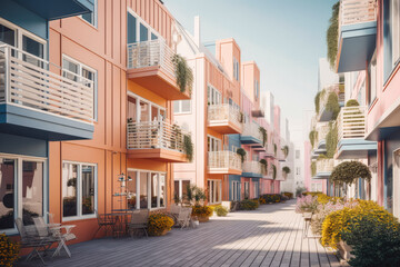 Shot of colorful tall houses with balcony in line with on space between them, houses in daylight.