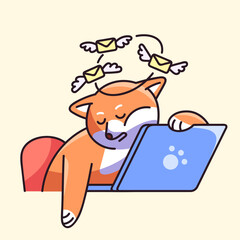 Dog sleep on laptop concept. Cute Shiba tired of answering mails, reply messages. Worker rests on freelance, puppy relaxes on pause, procrastination on online work. Flat isolated vector illustration