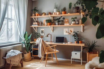 Modern interior design of a small apartment home office room with many plants
