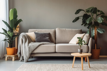 Modern textile Ikea sofa on a neutral background, living room modern interior design