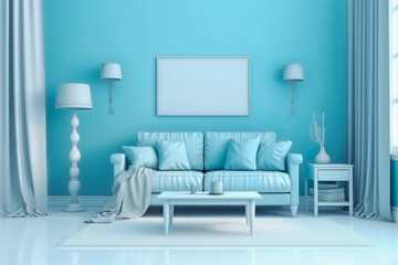 Interior of the room in plain monochrome pastel blue color, modern interior design