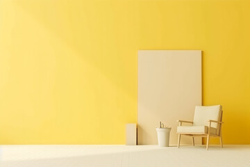 Interior of the room in plain monochrome light yellow color, modern interior design