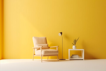 Interior of the room in plain monochrome light yellow color, modern interior design