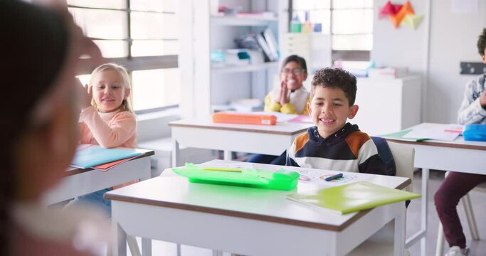 Education, applause or students in a classroom, smile or knowledge with success, lessons or celebration. Growth, children or kids with inspiration, clapping or excited with achievement or solution