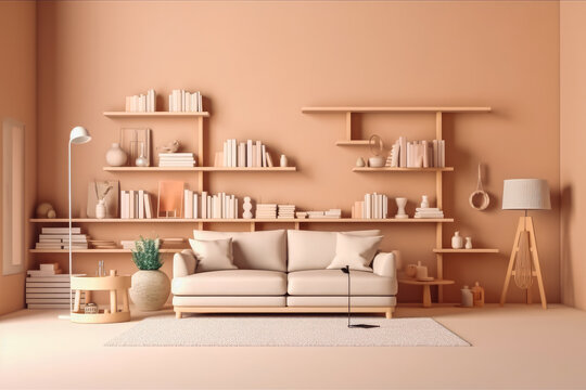 Interior of the room in plain monochrome pastel color, modern interior design