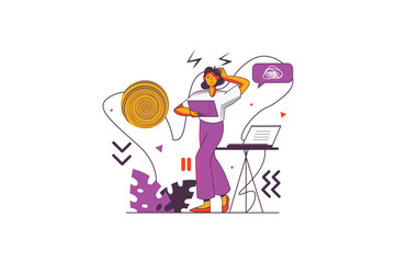 Stress at work concept with people scene in the flat cartoon style. The employee is confused by the large number of tasks at work and feels stressed. Vector illustration.