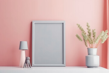 Empty square picture frame on a light pastel color wall background, modern design