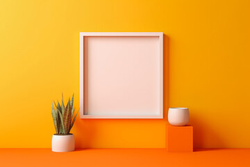 Single square picture frame on a yellow wall background, modern design