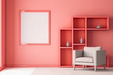 Single square picture frame on a light red color wall background, modern design
