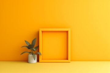 Single square picture frame on a yellow wall background, modern design