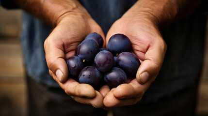 Close-up partial view of a farmer holding organic damson fruit. Generative AI. 