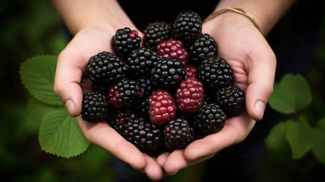 Close-up partial view of a farmer holding organic boysenberry fruit. Generative AI. 