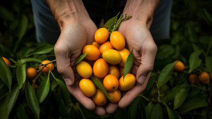 Close-up partial view of a farmer holding organic kumquat fruit. Generative AI. 