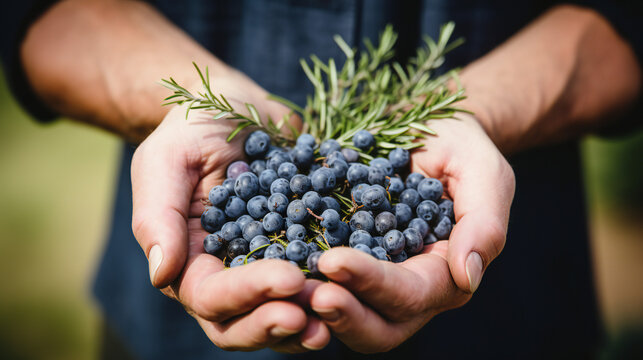 Close-up partial view of a farmer holding organic juniper berries. Generative AI. 