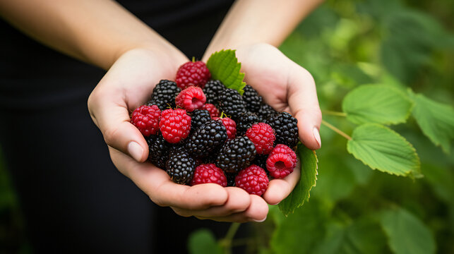 Close-up partial view of a farmer holding organic loganberry fruit. Generative AI. 