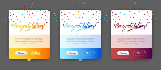 Set of Modern congratulations pop up banner with flat design on white background. Professional web design, full set of elements. User-friendly design materials.
