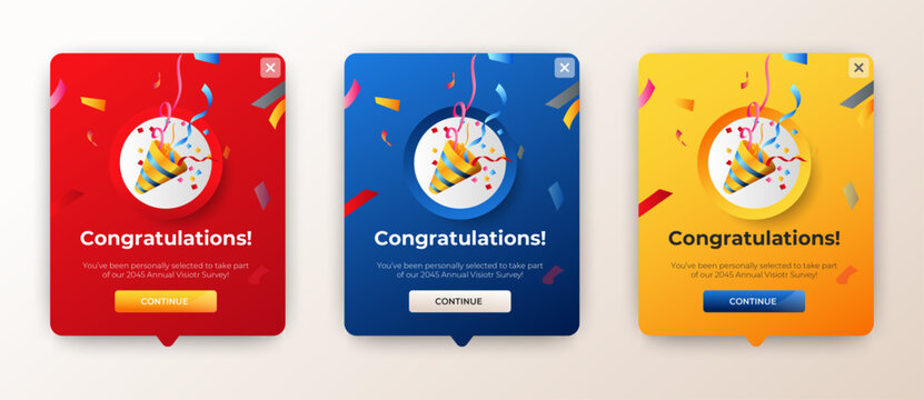 Set of Modern congratulations pop up banner with flat design on white background. Professional web design, full set of elements. User-friendly design materials.