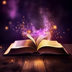Magic Book With Open Antique Pages And Abstract Purple Bokeh Lights Glowing In Dark Background - Literature Concept