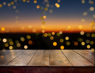 Festive, Christmas, New Year background. Evening. Night. Homely, cozy background. Abstract background. A wooden table on the background of a window with a night view and golden garlands. Bokeh. Sunset