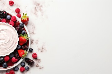 Ice cream with fresh berries in glass bowl on white background, top view