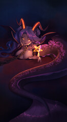 Tarot card design. Mermaid theme anime illustration. Devil girl with big horns. Hand drawn illustration