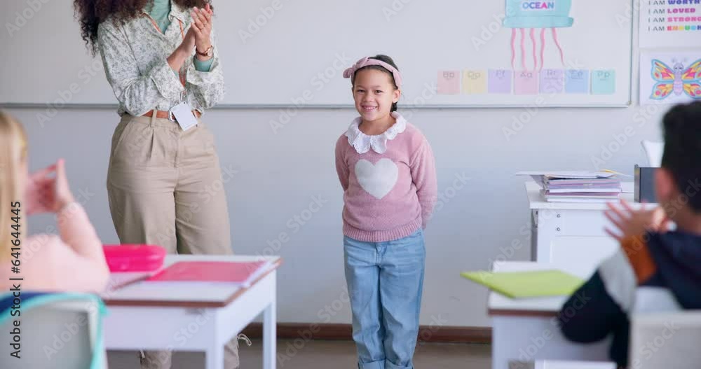 Aufkleber Class, presentation success and child speaker with applause and cheering in classroom at school. Young kid, education and oral reading of project with student and teacher with children in discussion