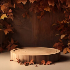 wooden cylinder podium with autumn leaves background ai generated