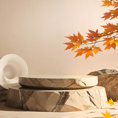 cylinder stone podium product display mockup with autumn leaves ai generated