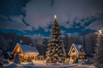 Art brut style landscape fantasy winter wonderland. X-mas theme. Image created using artificial intelligence.