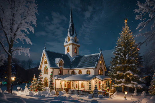 Art brut style landscape fantasy winter wonderland. X-mas theme. Image created using artificial intelligence.