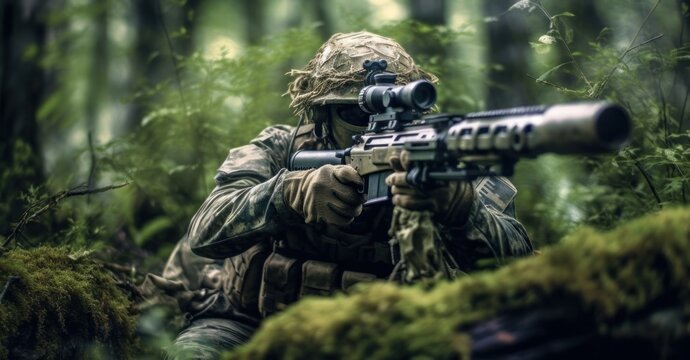 Portrait of a special forces soldier with assault rifle in the forest
