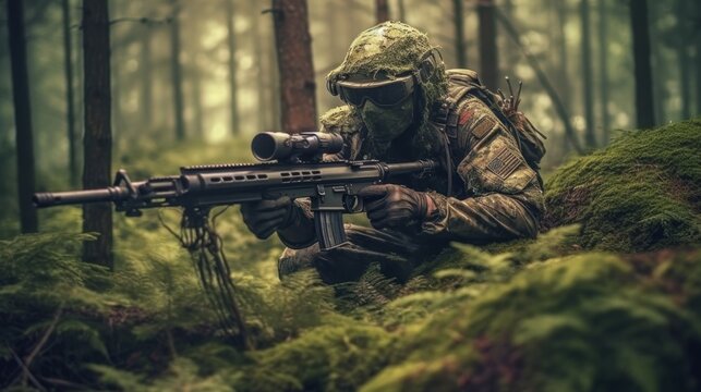 Special forces soldier with sniper rifle in the forest. Selective focus.