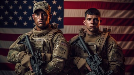 Portrait of two American soldiers with guns on american flag background