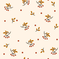 Autumn pattern with berries and foliage. Creative background for fabric, textile, scrapbooking and prints. Vector illustrations for kids.