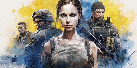 Obraz premium group of soldiers in the center with a female solder, showcasing role women in the Ukraine war