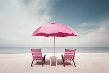 Pink beach surreal umbrella. Generate Ai