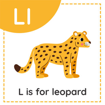 Learning English alphabet for kids. Letter L. Cute cartoon leopard.