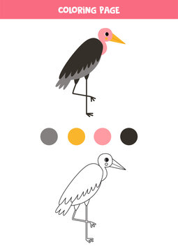 Color cute cartoon marabou bird. Worksheet for kids.