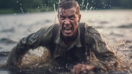 Portrait of a man in a military uniform on a background of water splashes