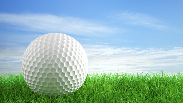 Golf ball on the grass on background of sky. 3d-rendering