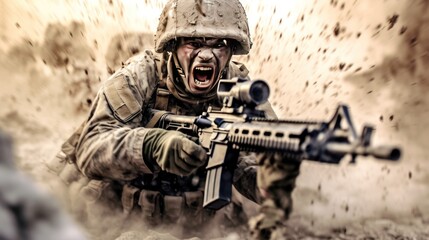 United States special forces soldier in action with assault rifle.