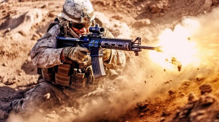 United States Special forces soldier with assault rifle in action on battlefield