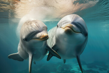 A pair of dolphins in love close up
