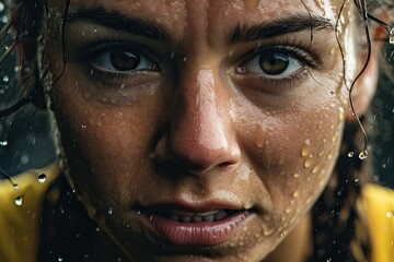 Close up professional woman  athlete with  focus in his eyes and sweat pouring down.Generative AI