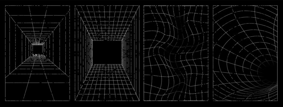 Futuristic geometric wireframe grunge perspective mesh. Geometry wireframe grid backgrounds in black color. Trendy retro 1980s, 90s, 2000s style. Print, poster, banner.